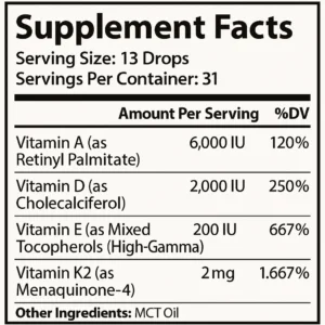 Supplement Facts за ADEK – течни мастноразтворими витамини A, D, E и K2 (MK-4)